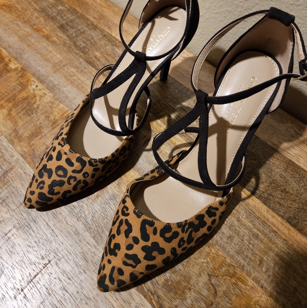 Christian Siriano strappy leopard suede heels Size 8